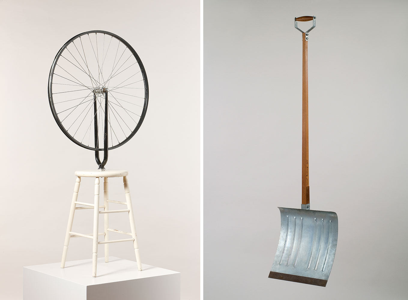 Left: Marcel Duchamp, Roue de bicyclette (Bicycle Wheel), (1913) 1964, mixed media, stool, bicycle fork, spokes, 128 × 64 × 33 cm, Ex. 1/8, edition of Galleria Schwarz, Hessisches Landesmuseum Darmstadt, © Association Marcel Duchamp, ADAGP, Paris / VG Bild-Kunst, Bonn 2021, photo: Hessisches Landesmuseum Darmstadt, Wolfgang Fuhrmannek Right: Marcel Duchamp, In Advance of the Broken Arm, (1915) 1964, edition of the original Readymade, wood, galvanized metal and iron, 132 × 35 × 11 cm, copy 2/8, edition of Galleria Schwarz, Milan, Staatliche Schlösser, Gärten und Kunstsammlungen Mecklenburg-Vorpommern, Staatliches Museum Schwerin, © Association Marcel Duchamp, ADAGP, Paris / VG Bild-Kunst, Bonn 2021, photo: Staatliche Schlösser, Gärten und Kunstsammlungen Mecklenburg-Vorpommern, Staatliches Museum Schweri