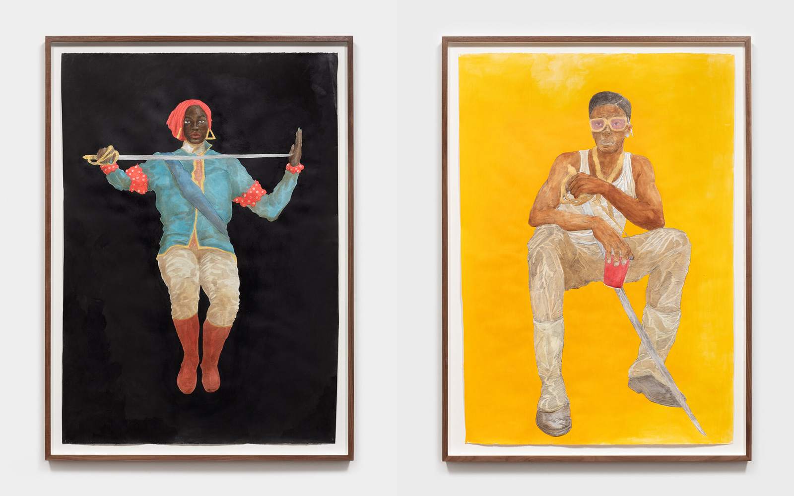 Left: Umar Rashid, Umar Rashid, Philomena of the Long Knife, born to the struggle, dreams in vivid animations and unafraid of the void and the allure of chaos, though, she comes in colors., 2021, Ink and acrylic on paper, 55 3/8 x 40 1/4 x 2 inches framed, © Umar Rashid, Courtesy the artist and Blum & Poe Gallery Right: Umar Rashid, Toine, the Lord of Baltimore (in California), crouched with his fancy, rose-colored lenses and his gaiters on, ready for someone to say something foolish., 2021, Ink and acrylic on paper, 55 3/8 x 40 1/4 x 2 inches framed, Photo: Josh Schaedel, © Umar Rashid, Courtesy the artist and Blum & Poe Gallery