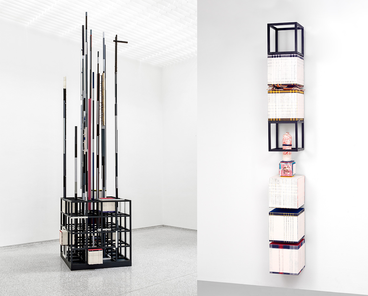 Left: Remy Jungerman, PROMISE IV, cotton textile, kaolin (pimba), tar, yarn, nails, acrylic, wood, 498 x 136 x 134 cm. 2018 – 2020 Collection Stedelijk Museum Amsterdam. Photography Aatjan Renders Right: Remy Jungerman, NKISI RORAC, cotton textile, kaolin (pimba), shreds, gin jar, yarn, beads, tar, nails, acrylic, wood, 218 x 26 x 27,5 cm, 2021. Courtesy of the artist and Galerie Ron Mandos. Photography Aatjan Renders