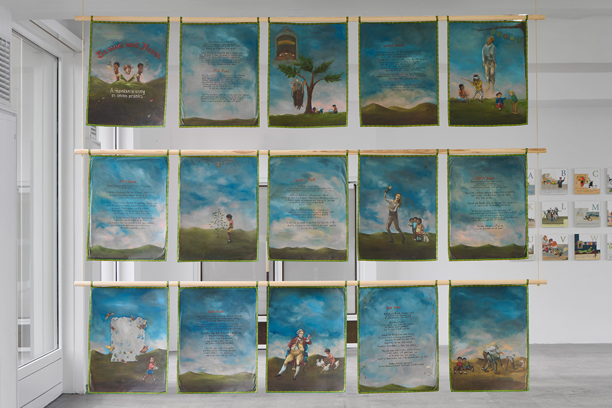 Daniela Ortiz: Samuel and Naseb, a resistance story in seven pranks, 2021. Installation view Kölnischer Kunstverein, 2021. Courtesy: the artist and àngels barcelona. Photo: Mareike Tocha.