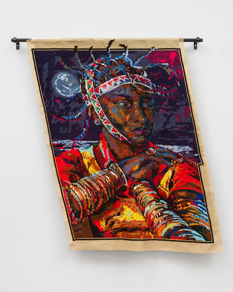 Athi-Patra Ruga, Act One: Scene 3…Sequins and Sighs, 2021, Wool and thread on tapestry canvas, 188 x 231 cm / 74 x 91 in, © Athi-Patra Ruga, Cportesy the artist and Galerie Eva Presenhuber