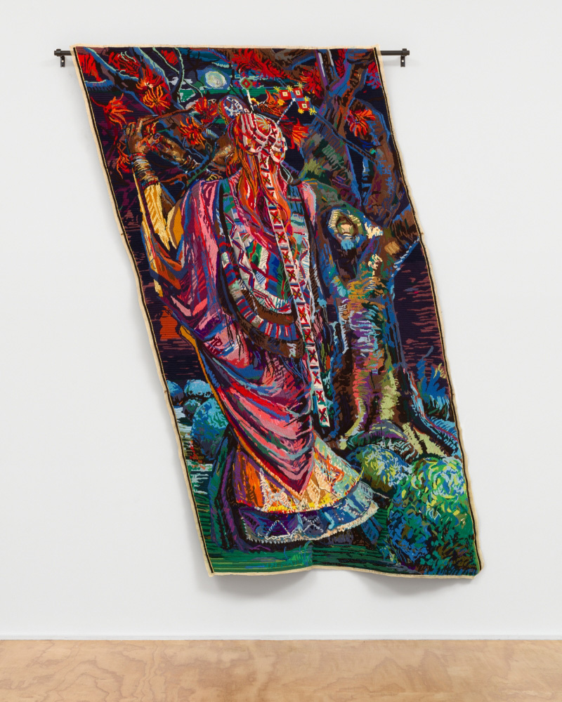 Athi-Patra Ruga, Act One: Scene 5: Erythrina Kaffra, From The Lunar Songbook, 2021, Wool and thread on tapestry canvas, 226 x 188 cm / 89 x 74 in, © Athi-Patra Ruga, Cportesy the artist and Galerie Eva Presenhuber