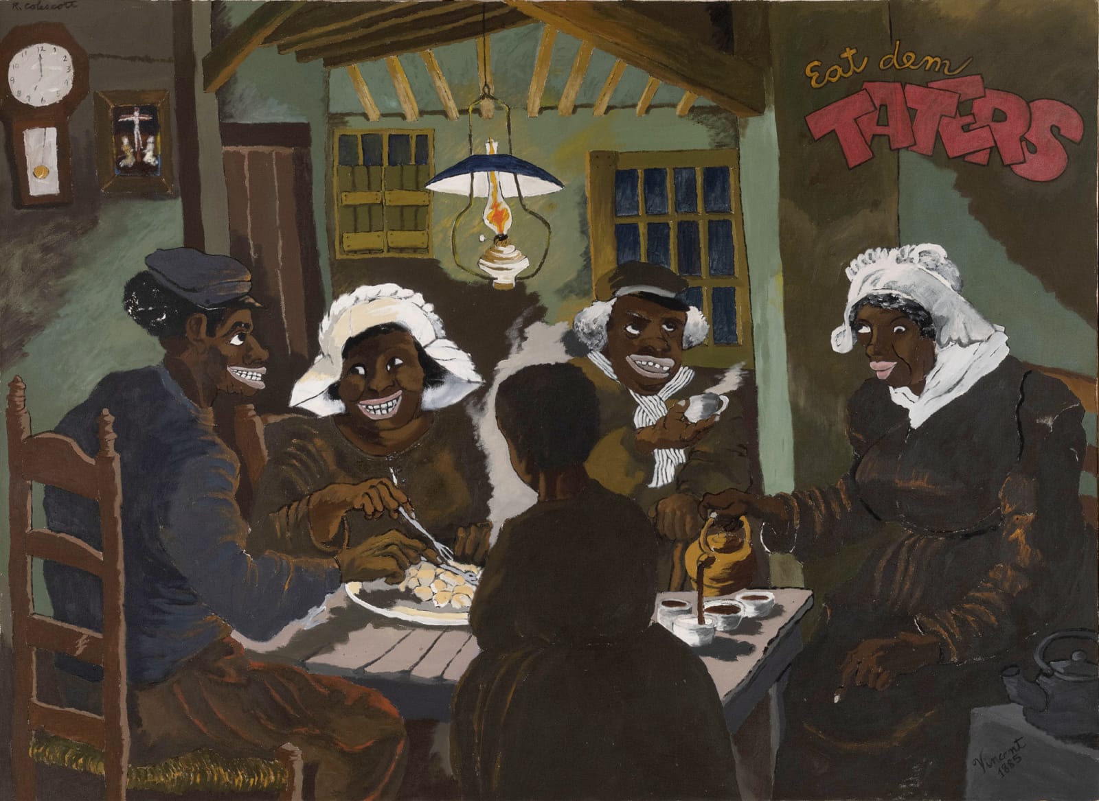 Robert Colescott, Eat Dem Taters, 1975, Acrylic on canvas, 59 x 79 inches. © 2019 Estate of Robert Colescott / Artists Rights Society (ARS), New York. Rosenblum Family. Photo credit: Adam Reich. L2019.104.38