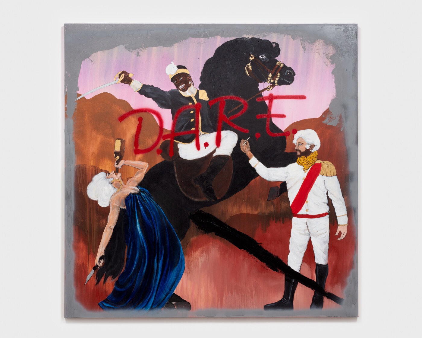Umar Rashid, Devastating Armaments Resistance Enterprise. Or, if we must die, let us be drunk and high. When one has given up and defeat is certain, it appears that the numbing of the senses can be a balm of sorts. It is not recommended however. War is wealth. Is entropy an enterprise?, 2021, Acrylic on canvas, 72 x 72 x 1 1/2 inches, Photo: Josh Schaedel, © Umar Rashid, Courtesy the artist and Blum & Poe Gallery