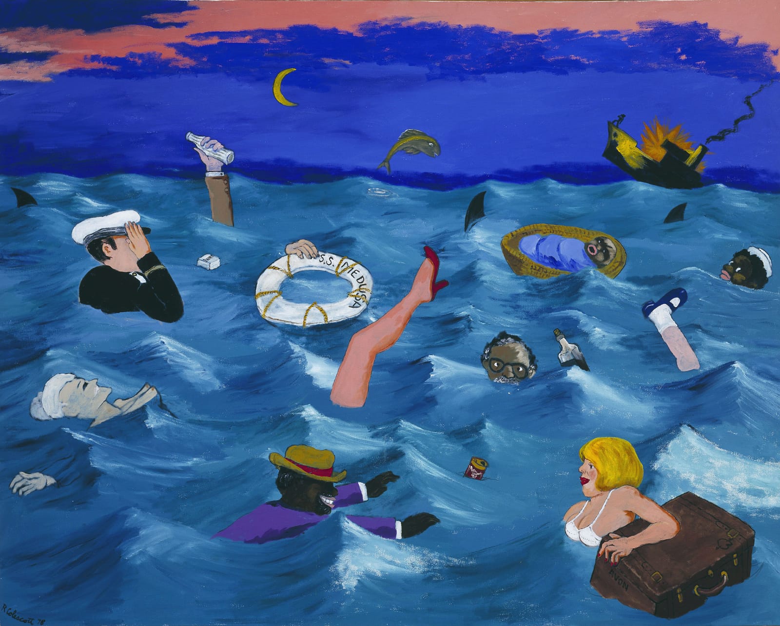 Robert Colescott , The Wreckage of the Medusa, 1978, Acrylic on canvas, 66 x 84 inches. © 2019 Estate of Robert Colescott / Artists Rights Society (ARS), New York. Private Collection. Photo credit: Ray Litman. L2019.104.44