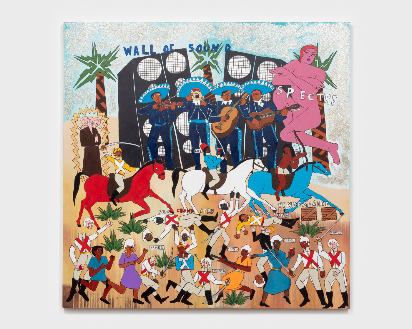 Umar Rashid, The Battle of Coachella Part 1. Day 1. The Triumvirate turn against their former comrades in a daring daylight raid, goaded on by misinformation with new conversion therapists sent from a crippled mission control. Mariachis play a dirge at the end., 2021 Acrylic and mica flake on canvas, 72 x 72 x 1 1/2 inches, Photo: Josh Schaedel, © Umar Rashid, Courtesy the artist and Blum & Poe Gallery