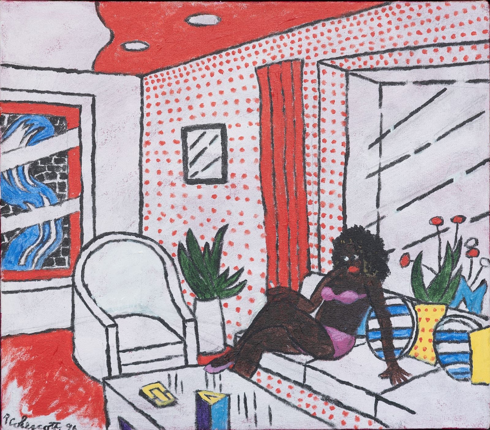 Robert Colescott , Interior II - Homage to Roy Lichtenstein, 1991, Acrylic on canvas, 16 x 18 inches. © 2019 Estate of Robert Colescott / Artists Rights Society (ARS), New York. Private Collection. L2019.104.37