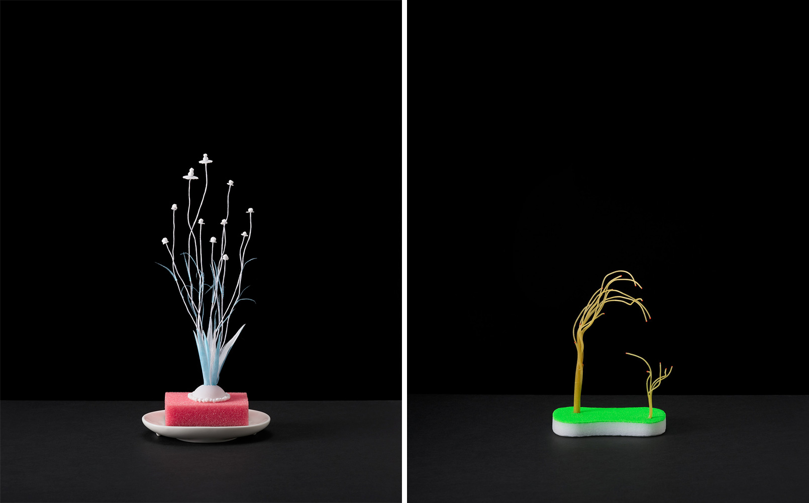 Left: Nina Katchadourian, Plant #4, 2021, ceramic soap dish, scrubber sponge, paper-covered wire, N95 mask fragments, ping pong ball pieces, polystyrene foam beads, 12-3/16" × 5-1/8" × 3-1/8" (31 cm × 13 cm × 8 cm), © Nina Katchadourian, Courtesy the artist and Pace Gallery Right: Nina Katchadourian, Plant #9, 2021, scrubber sponge, spaghetti, orange rubber paint, 8-11/16" × 5-1/8" × 3-1/8" (22 cm × 13 cm × 8 cm), © Nina Katchadourian, Courtesy the artist and Pace Gallery