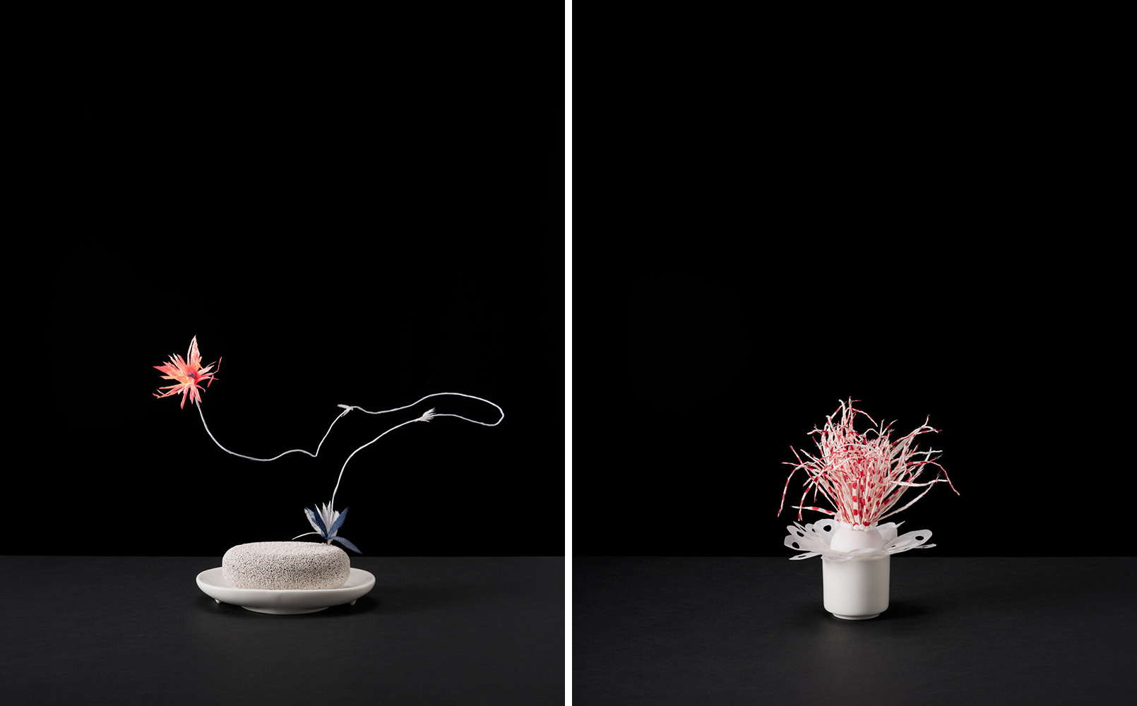 Left: Nina Katchadourian, Plant #8, 2021, ceramic soap dish, pumice block, paper-covered wire, crepe paper, rubber tip from dental brush, glass-head pin, 9-13/16" × 8-11/16" × 8-11/16" (25 cm × 22 cm × 22 cm), © Nina Katchadourian, Courtesy the artist and Pace Gallery Right: Nina Katchadourian, Plant #10, 2021, ceramic eggcup, ping pong ball, polystyrene beads, steamer paper, shredded kitchen wipes, 6-5/16" × 5-1/8" × 5-1/8" (16 cm × 13 cm × 13 cm), © Nina Katchadourian, Courtesy the artist and Pace Gallery
