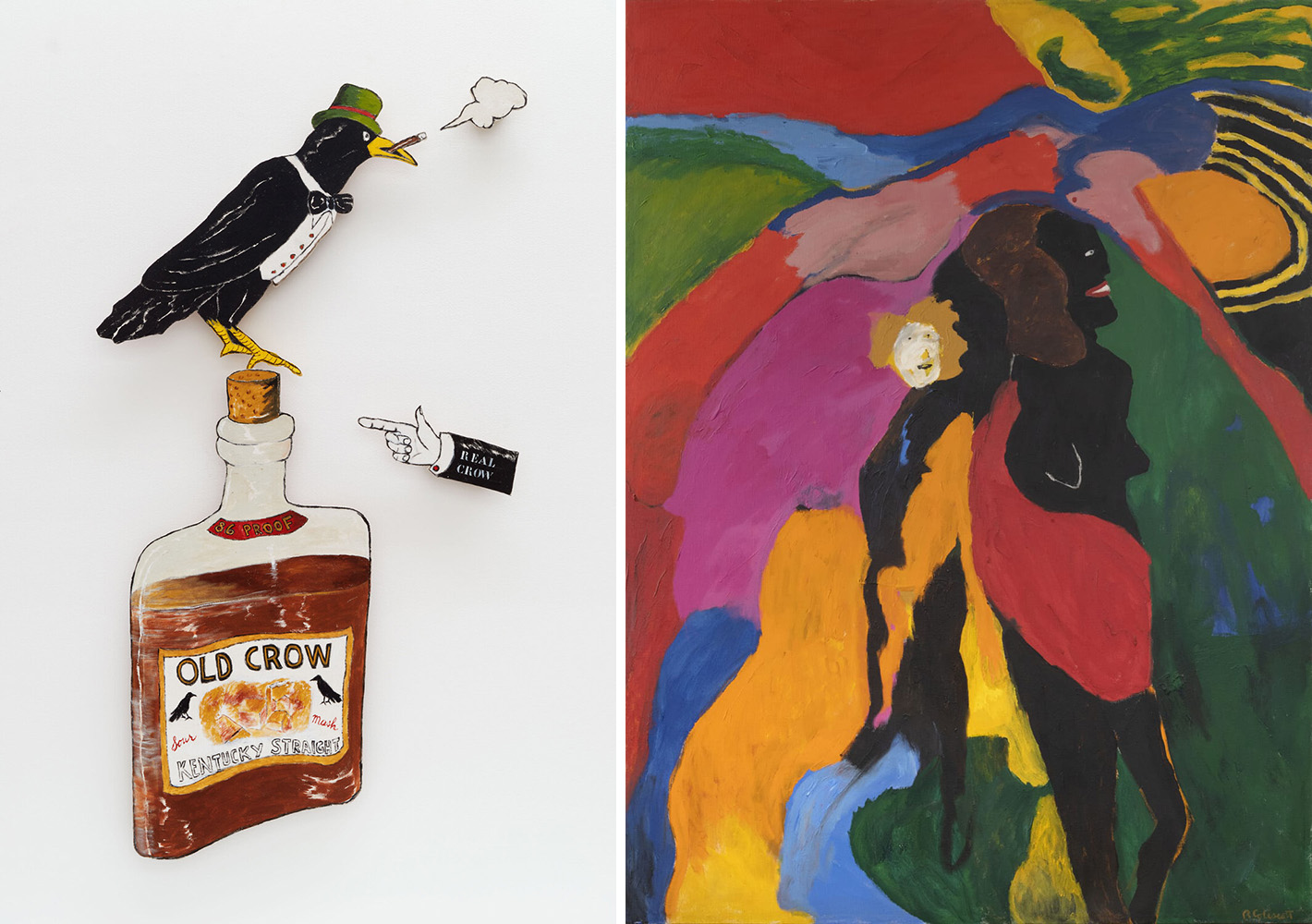 Left: Robert Colescott, Real Crow, 1976, acrylic on canvas on wooden panel, © The Robert H. Colescott Separate Property Trust / Artists Rights Society (ARS), New York Right: Robert Colescott , Nubian Queen, 1966, Acrylic on canvas, 78 x 59 inches. © 2019 Estate of Robert Colescott / Artists Rights Society (ARS), New York. Private Collection; New York City, NY. Photo credit: Adam Reich. L2019.104.47
