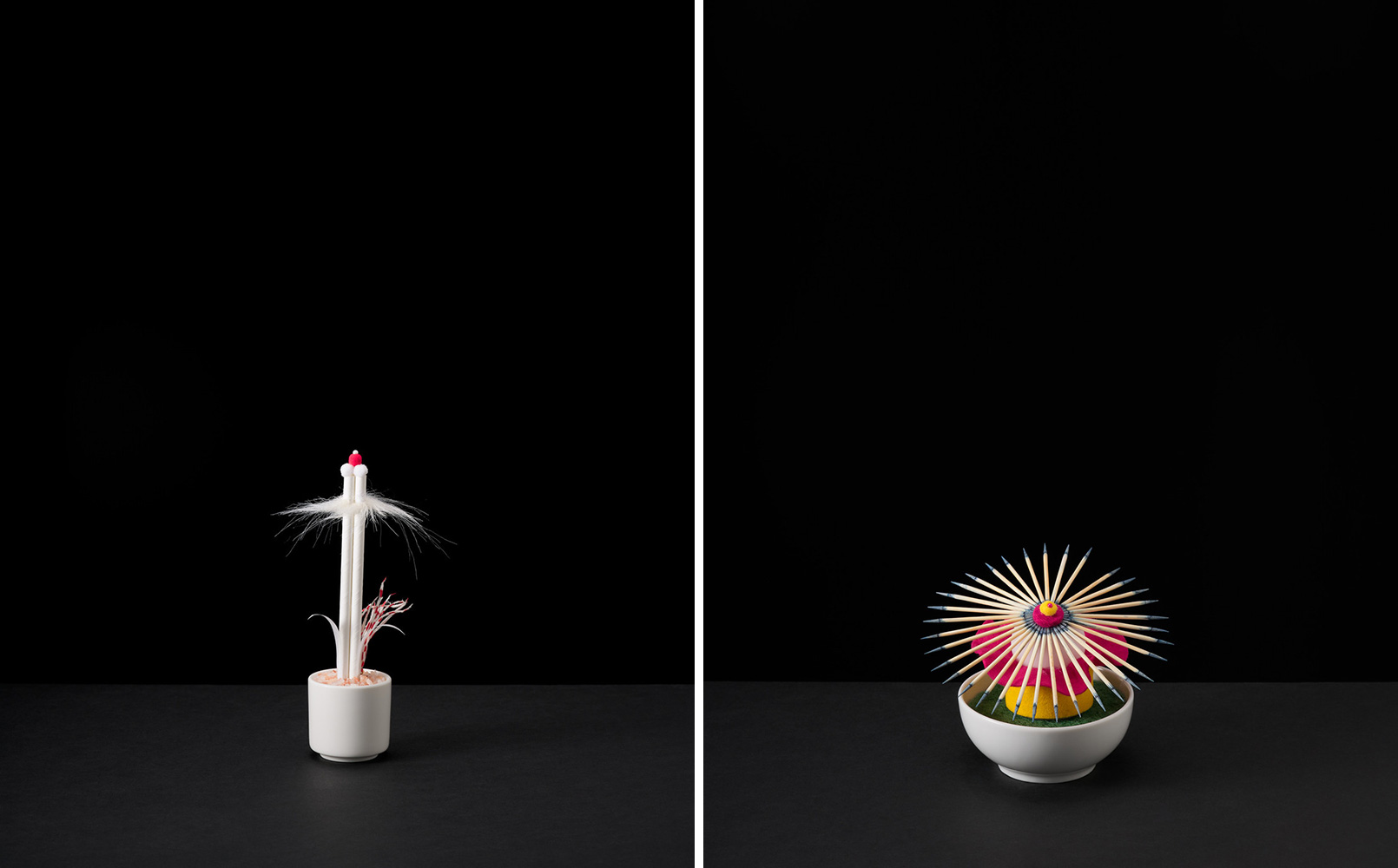 Left: Nina Katchadourian, Plant #14, 2021, ceramic eggcup, paper drinking straws, pom poms, glass-head pin, shredded kitchen wipe, salt, 7-1/16" × 3-1/8" × 3-9/16" (18 cm × 8 cm × 9 cm), © Nina Katchadourian, Courtesy the artist and Pace Gallery Right: Nina Katchadourian, Plant #23, 2021, ceramic bowl, scrubber pad, felt, ping pong ball, toothpicks, ink, glass-head pin, 5-1/8" × 4-3/4" × 5-1/8" (13 cm × 12 cm × 13 cm), © Nina Katchadourian, Courtesy the artist and Pace Gallery