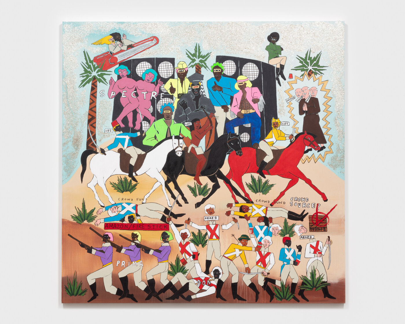 Umar Rashid, The Battle of Coachella Part 2 Day 2. The Triumvirate turn against their former comrades in a daring daylight raid, goaded on by misinformation with new conversion therapists sent from a crippled mission control. The Furious Five deliver a message., 2021 Acrylic and mica flake on canvas, 72 x 72 x 1 1/2 inches, Photo: Josh Schaedel, © Umar Rashid, Courtesy the artist and Blum & Poe Gallery