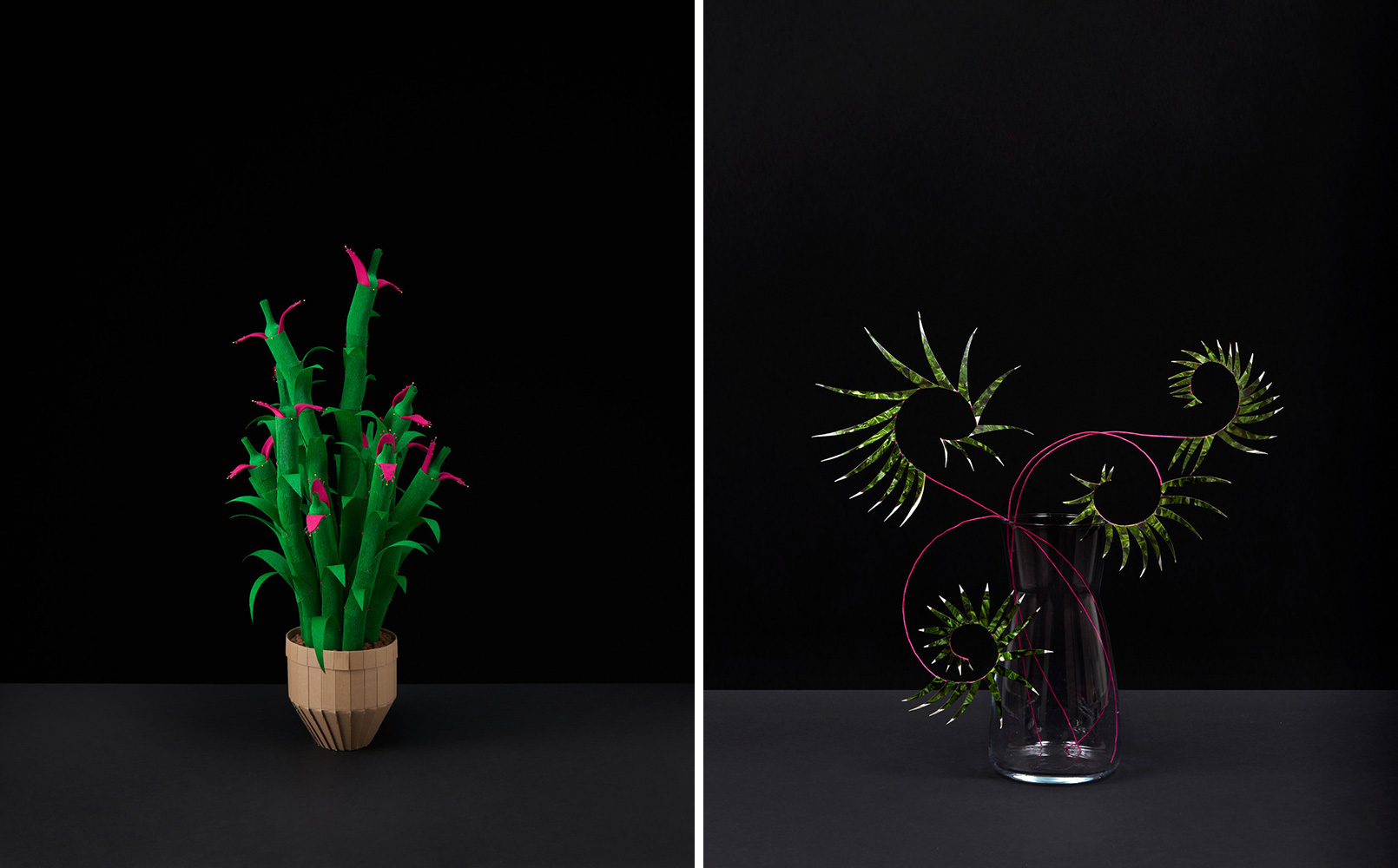 Left: Nina Katchadourian, Plant #39, 2021, cardboard, clay pebbles, cardboard toilet paper tubes, crepe paper, ping pong balls, glass-head pins, 35-7/16" × 15-3/4" × 15-3/4" (90 cm × 40 cm × 40 cm), © Nina Katchadourian, Courtesy the artist and Pace Gallery Right: Nina Katchadourian, Plant #41, 2021, glass vase, paper-covered wire, gouache, product packaging, 14-9/16" × 16-15/16" × 3-15/16" (37 cm × 43 cm × 10 cm), © Nina Katchadourian, Courtesy the artist and Pace Gallery