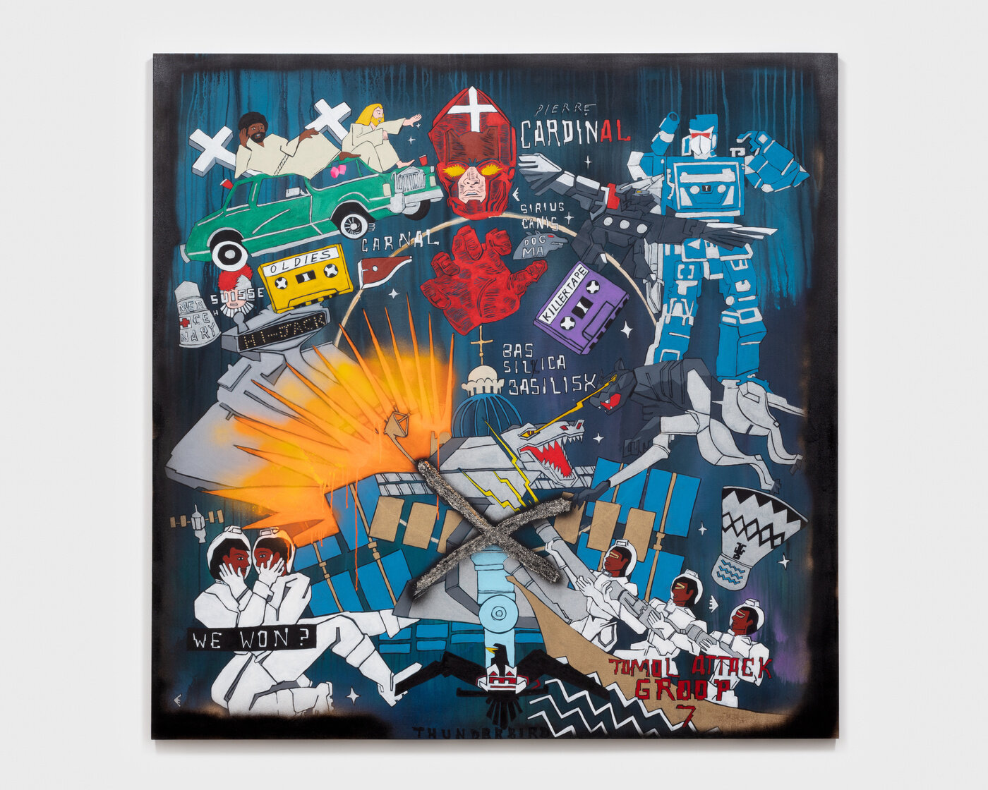 Umar Rashid, ISS is Mission Control. Or, We won? If our rulers live in the sky, surely if we follow the forms, we will be able to shapeshift and fly to the heavens and destroy them. Surely. Black and White Jesus in the green Lincoln Continental are intrigued., 2021, Acrylic and mica flake on canvas, 72 x 72 x 1 1/2 inches, Photo: Josh Schaedel, © Umar Rashid, Courtesy the artist and Blum & Poe Gallery