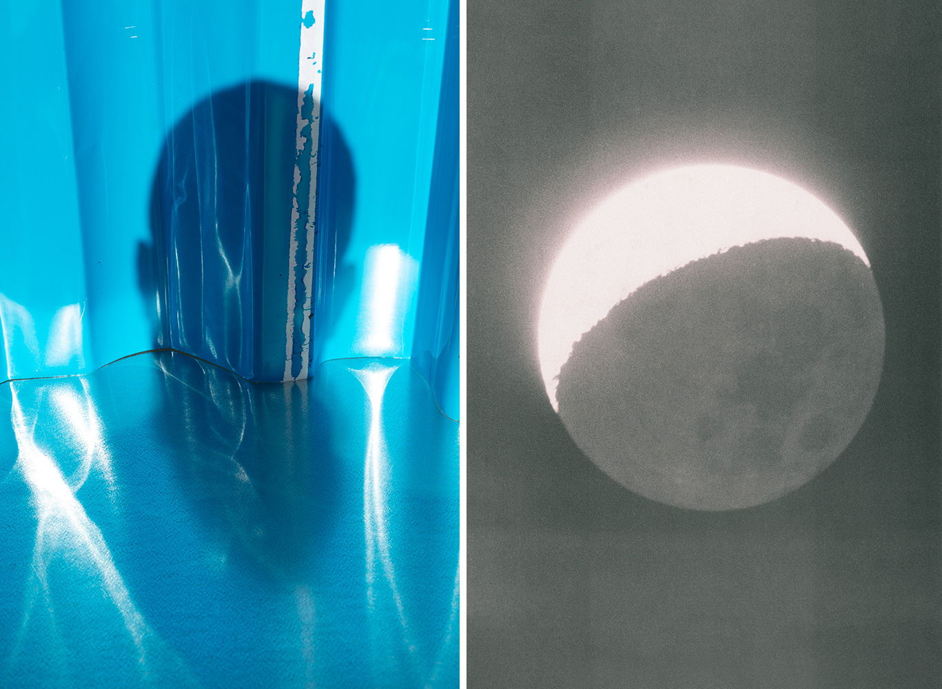 Left: Wolfgang Tillmans, blue self portrait shadow, 2020, Courtesy of Galerie Buchholz, Maureen Paley-London, David Zwirner-New York Right: Wolfgang Tillmans, Mond in Erdlicht, 1980, Courtesy of Galerie Buchholz, Maureen Paley-London, David Zwirner-New York