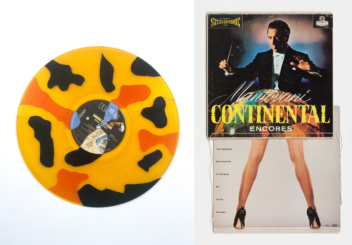 Left: Christian Marclay, Recycled Records, 1981, collaged vinyl records 30.5 cm diameter, Collection of the artist, © Christian Marclay. Courtesy Paula Cooper Gallery, New York Right: Christian Marclay, Continental (from the series 'Body Mix'), 1991, 2 record covers and cotton thread 54.6㎝ x 33 cm, Photo: Steven Probert, © Christian Marclay. Courtesy Paula Cooper Gallery, New York