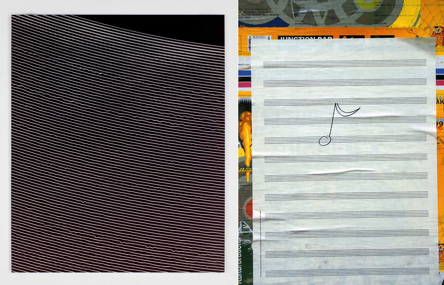 Left: Christian Marclay, Untitled, 2004, photogram, © Christian Marclay. Courtesy Paula Cooper Gallery, New York Right: Christian Marclay, Untitled from Graffiti Composition,1996-2002, detail from portfolio of 150 prints, © Christian Marclay. Courtesy Paula Cooper Gallery, New York