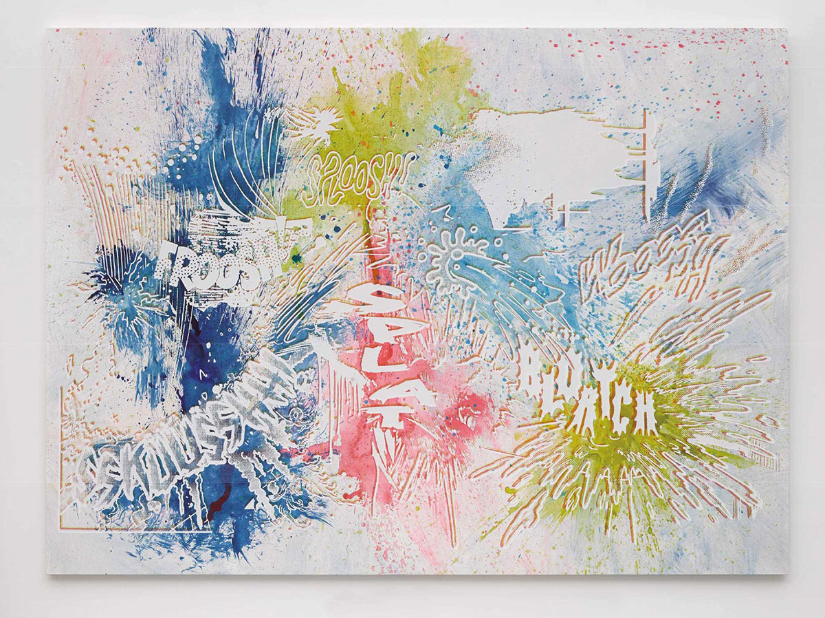 Christian Marclay, Actions: Froosh Sploosh Wooosh Sskuusshh Splat Blortch (No.2) , 2014, screen print and acrylic on canvas, 222.2 ㎝ x 302.5 cm, © Christian Marclay. Photo © White Cube (George Darrell)