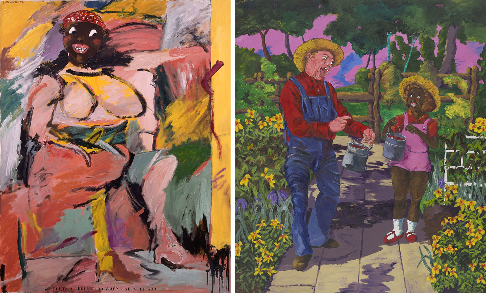 Left: Robert Colescott, I Gets a Thrill, Too, When I Sees De Koo, 1978, Acrylic on canvas, 84 x 60 inches. © 2019 Estate of Robert Colescott / Artists Rights Society (ARS), New York. Rose Art Museum, Brandeis University, Gift of Senator and Mrs. William Bradley, 1981.25. L2019.104.57 Right: Robert Colescott, Shirley Temple Black and Bill Robinson White, 1980, Acrylic on canvas, 84 x 72 inches. © 2019 Estate of Robert Colescott / Artists Rights Society (ARS), New York. Portland Art Museum, Portland, Oregon. Collection of Arlene and Harold Schnitzer, L2000.5.3