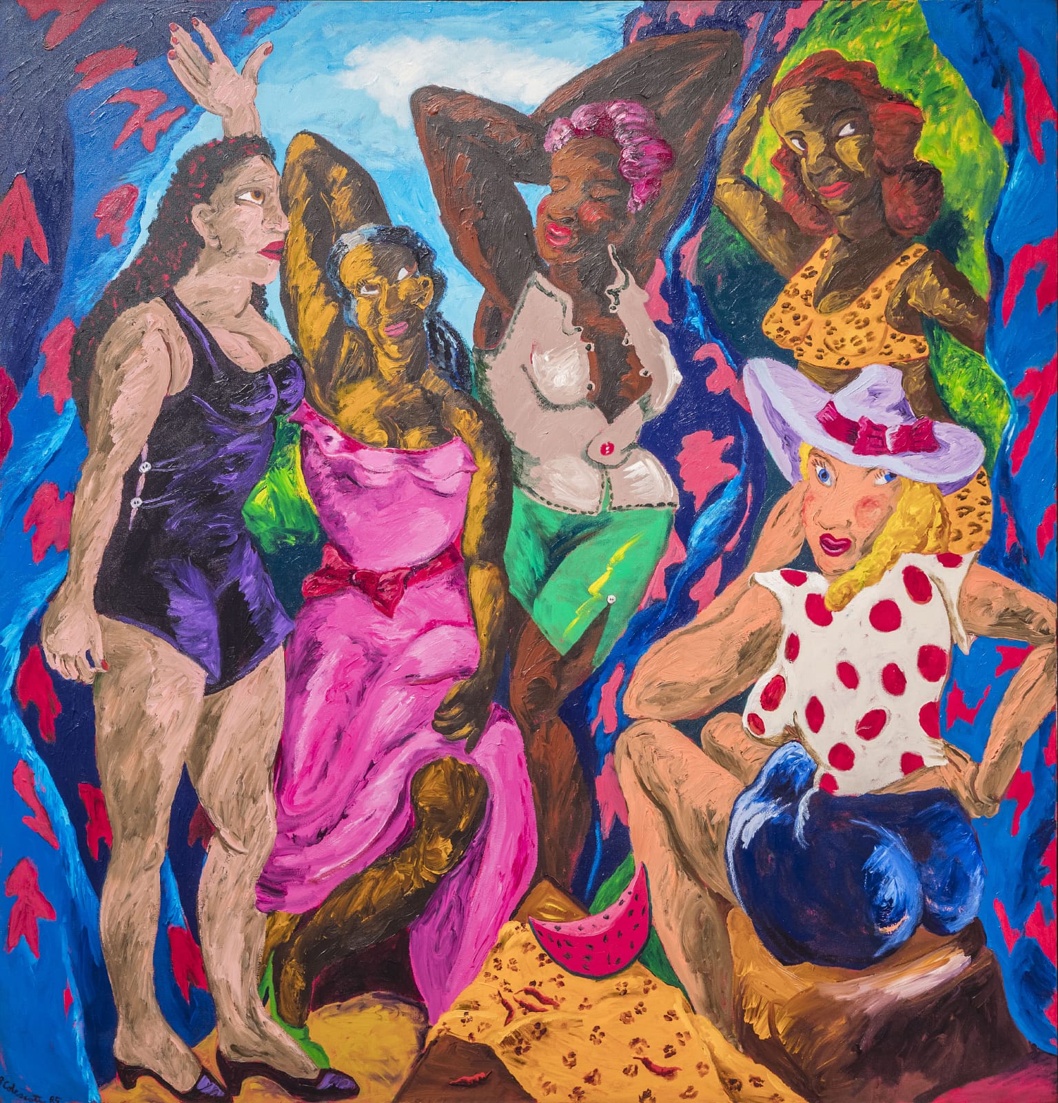 Robert Colescott, Les Demoiselles d’Alabama: Vestidas, 1985, Acrylic on canvas, 96 x 92 inches. © 2019 Estate of Robert Colescott / Artists Rights Society (ARS), New York. Seattle Art Museum, 2016.12, General Acquisition Fund, Bill and Melinda Gates Art Acquisition Fund, Margaret E. Fuller Purchase Fund, and Patricia Denny Art Acquisition Fund. Photo credit: Nathaniel Willson. L2019.104.61