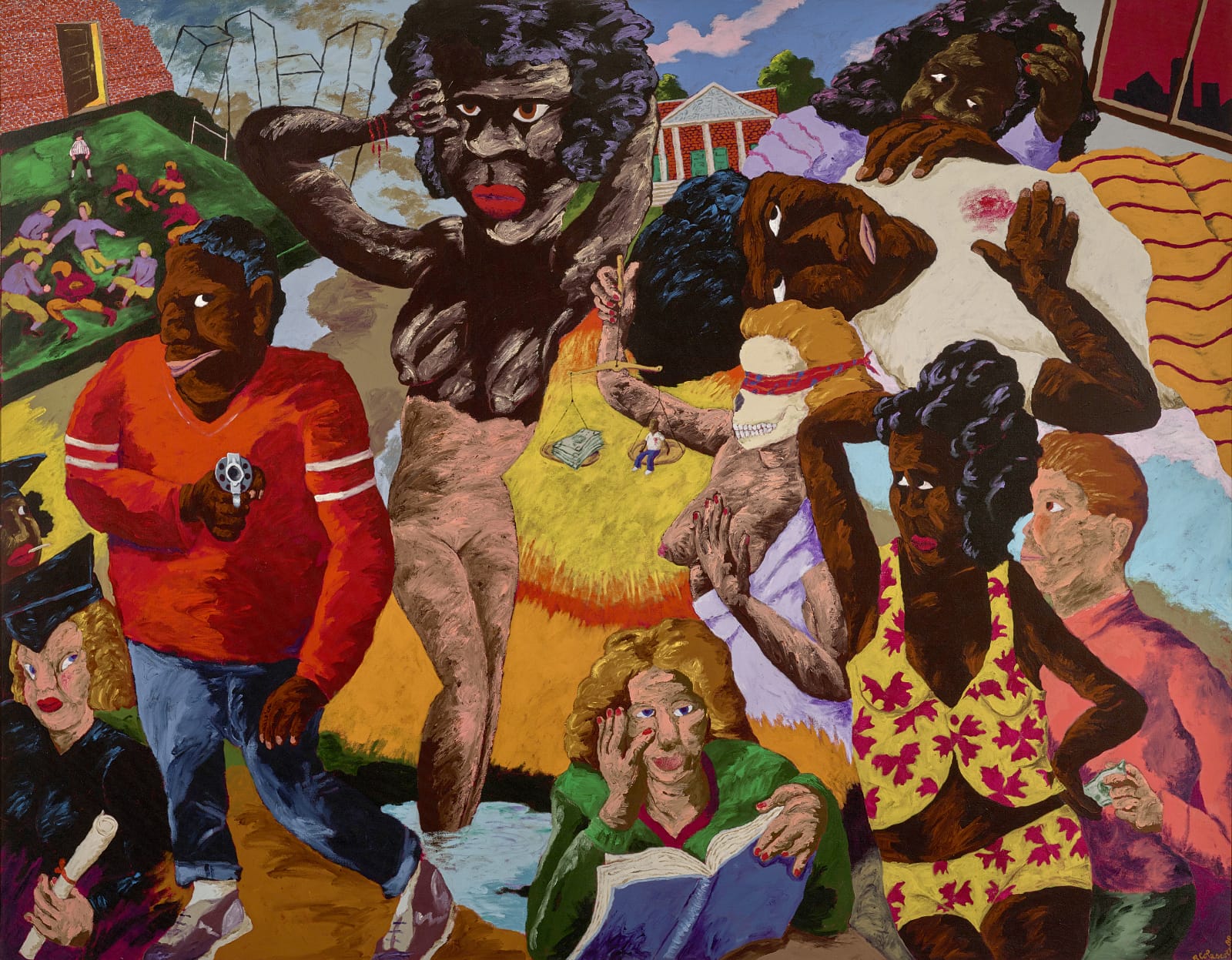 Robert Colescott, School Days, 1988, Acrylic on canvas, 90 x 114 inches. © 2019 Estate of Robert Colescott / Artists Rights Society (ARS), New York. Denver Art Museum Collection: Funds from NBT Foundation, 1991.56. Photograph courtesy of the Denver Art Museum. L2019.104.34