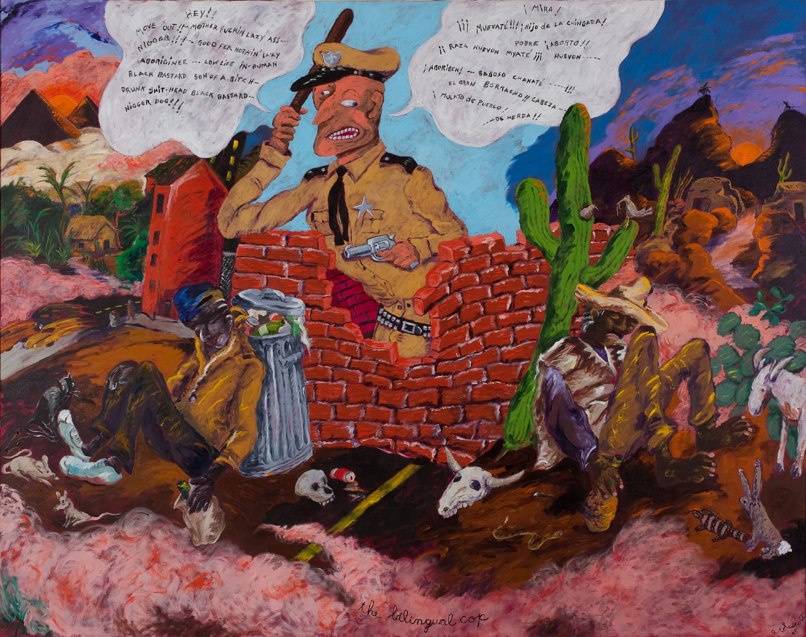 Robert Colescott, The Bilingual Cop, 1995, Liquitex gesso, paint, and gel medium on canvas, 90 x 114 inches. © 2019 Estate of Robert Colescott / Artists Rights Society (ARS), New York. Robert Colescott Collection Museum of Contemporary Art San Diego; Museum purchase, Contemporary Collectors Fund, 1997.11. L2019.104.49