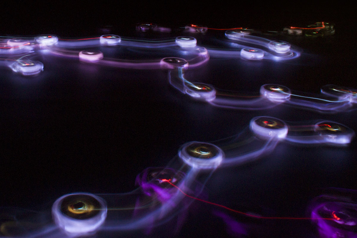 Katrin Hochschuh and Adam Donovan, Empathy Swarm, 2019, interactive robotic swarm, human-machine biofeedback system, © Katrin Hochschuh and Adam Donovan