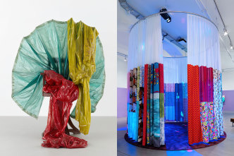 Left: Bharti Kher, Peacock, 2011, Wooden chair, saris, resin, 155 x 134.5 x 134.5/61 x 53 x 53, © Bharti Kher, Photo: Stefan Altenburger Photography Zürich, Courtesy the artist and Hauser & Wirth Gallery. Right: Pipilotti Rist, Wohnzimmerdisco ohne Angst (Living Room Disco without Fear), 2009, Installation for a living room; light projections, carpet, curtain, © Pipilotti Rist, Dimensions variable, Hauser & Wirth Gallery