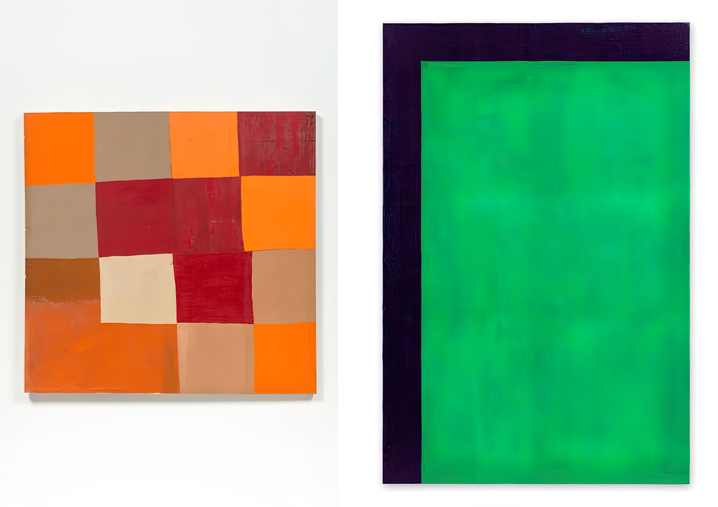 Left: Larry Bell, Untitled, 1959, Oil on canvas, 151.8 x 146.7 x 5.1 /59 3/4 x 57 3/4 x 2, © Larry Bell, Photo: Jeff McLane, Courtesy the artist and Hauser & Wirth Gallery Right: Günther Förg, Untitled, 1989, Acrylic on lead on wood, 240 x 160.4 x 6.5/94 1/2 x 63 1/8 x 2 ½, © 2021 Estate Günther Förg, Suisse / Pro Litteris, Photo: Stefan Altenburger Photography Zürich, Courtesy the artist and Hauser & Wirth Gallery