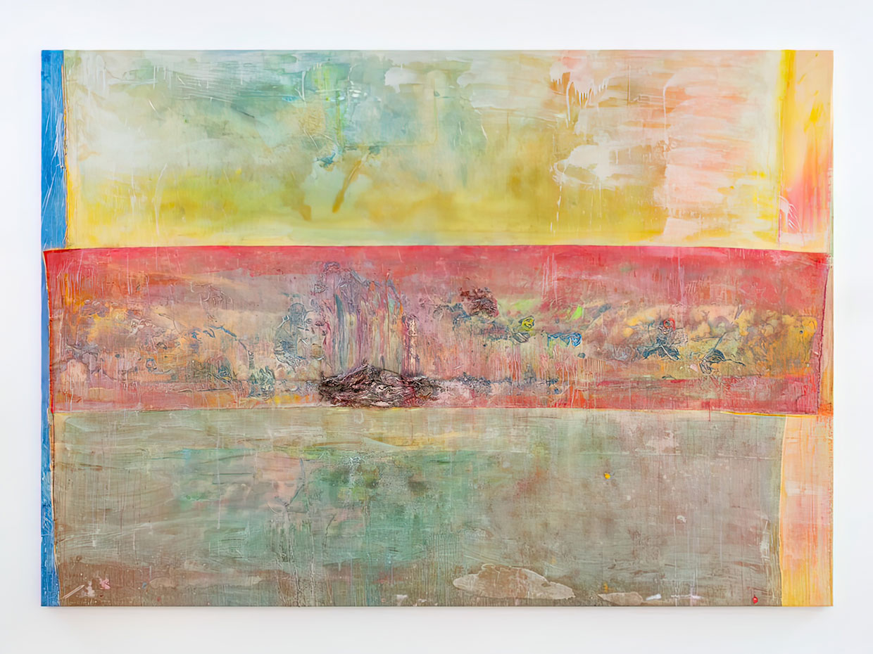Frank Bowling, Swimmers, 2020, Acrylic, acrylic gel and found objects on collaged canvas, 229.3 x 326.4 x 8/90 1/4 x 128 1/2 x 3 1/8, © Frank Bowling. All Rights Reserved, DACS 2021, Photo: Damian Griffiths, Courtesy the artist and Hauser & Wirth Gallery
