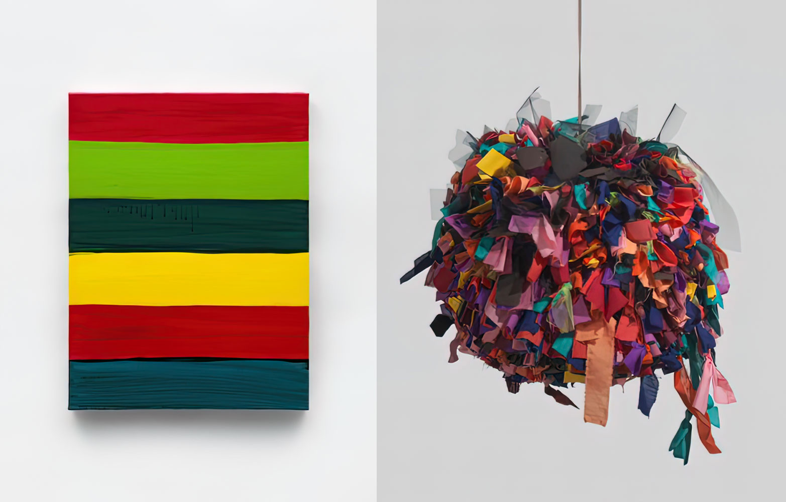 Left: Mary Heilmann, Six, 2018, Acrylic on canvas, 61 x 45.7 x 3.8 cm/24 x 18 x 1 1/2 in, © Mary Heilmann, Photo: Dan Bradica, Courtesy the artist, Courtesy the artist and Hauser & Wirth Gallery Right: Phyllida Barlow, untitled: GIG, 2014, Fabric, paper, cord, 50 x 50 x 50 /19 5/8 x 19 5/8 x 19 5/8, © Phyllida Barlow, Photo: Alex Delfanne, Courtesy the artist and Hauser & Wirth Gallery