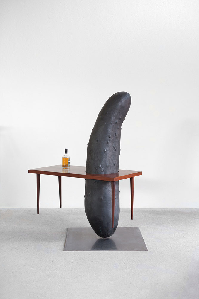 Erwin Wurm, Bar, 2019, Bronze, wood, and steel, 66.54 x 51.18 x 35.43 inches, 169 x 130 x 90 cm, © Erwin Wurm, Courtesy the artist and Lehmann Maupin Gallery