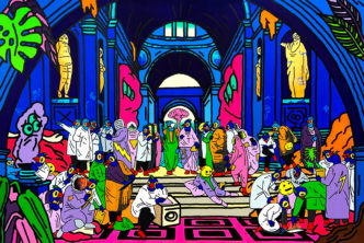 Chang Teng Yuan, The School of Parrotman Athens, 2021, Acrylic on canvas, 130x193cm, Courtesy Yiri Arts