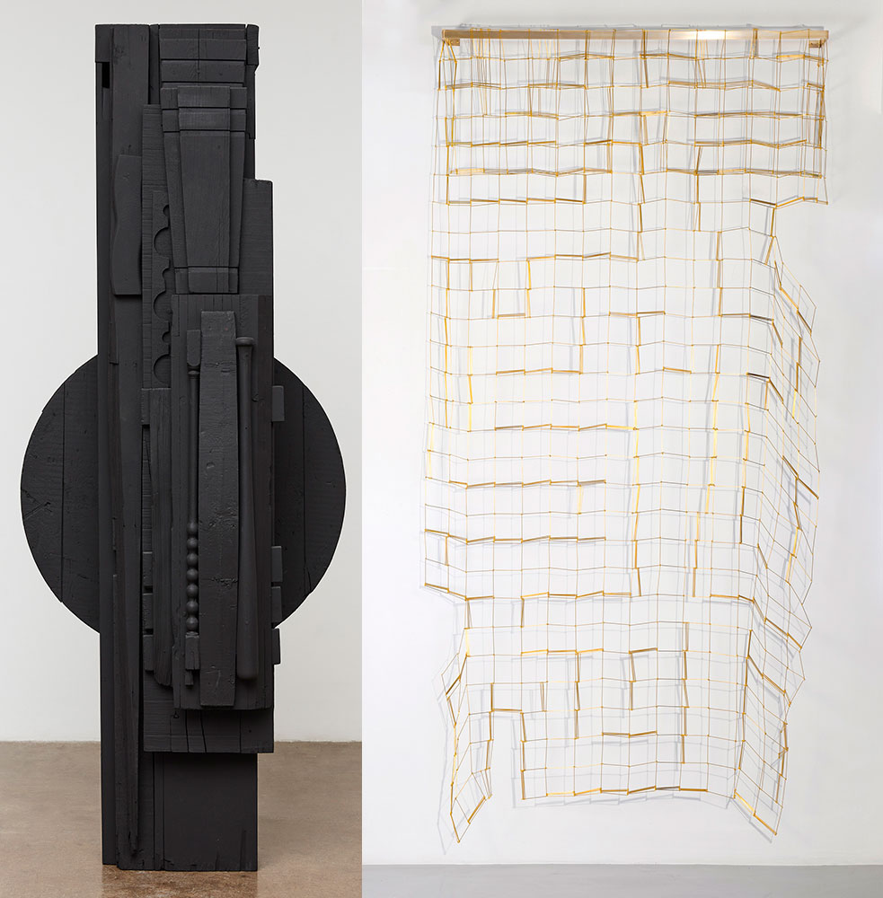 Left: Louise Nevelson, Untitled, 1975, wood painted black, 84-1/2" x 34" x 18" (214.6 cm x 86.4 cm x 45.7 cm), Courtesy Pace Gallery Right: Leonor Antunes, anni #26 I, 2020, Brass, 280 cm × 150 cm × 20 cm (9' 2-1/4" × 59-1/16" × 7-7/8"), Courtesy Pace Gallery