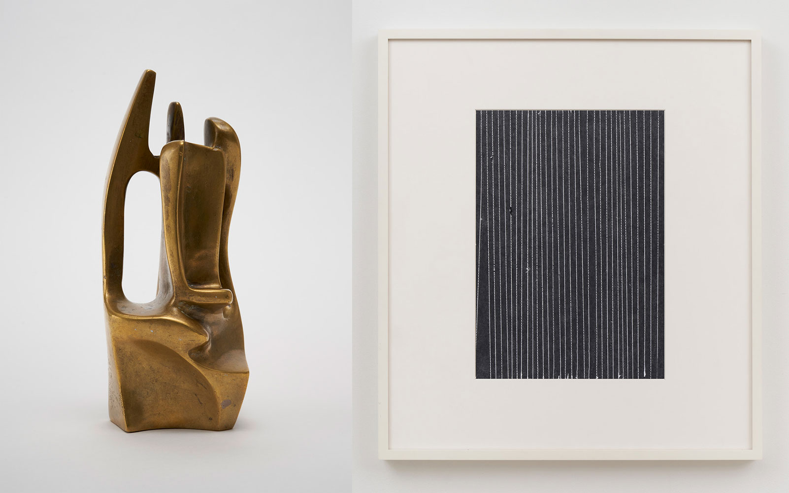 Left: Saloua Raouda Choucair, Trajectory of a Line, 1957-59, brass, 17.8 cm × 7.9 cm × 7.3 cm (7" × 3-1/8" × 2-7/8"), Courtesy Pace Gallery Right: Yto Barrada, Practice Piece (Sewing Exercise #17B), 2019, gelatin on silver print, 14" × 11" (35.6 cm × 27.9 cm"), Courtesy Pace Gallery
