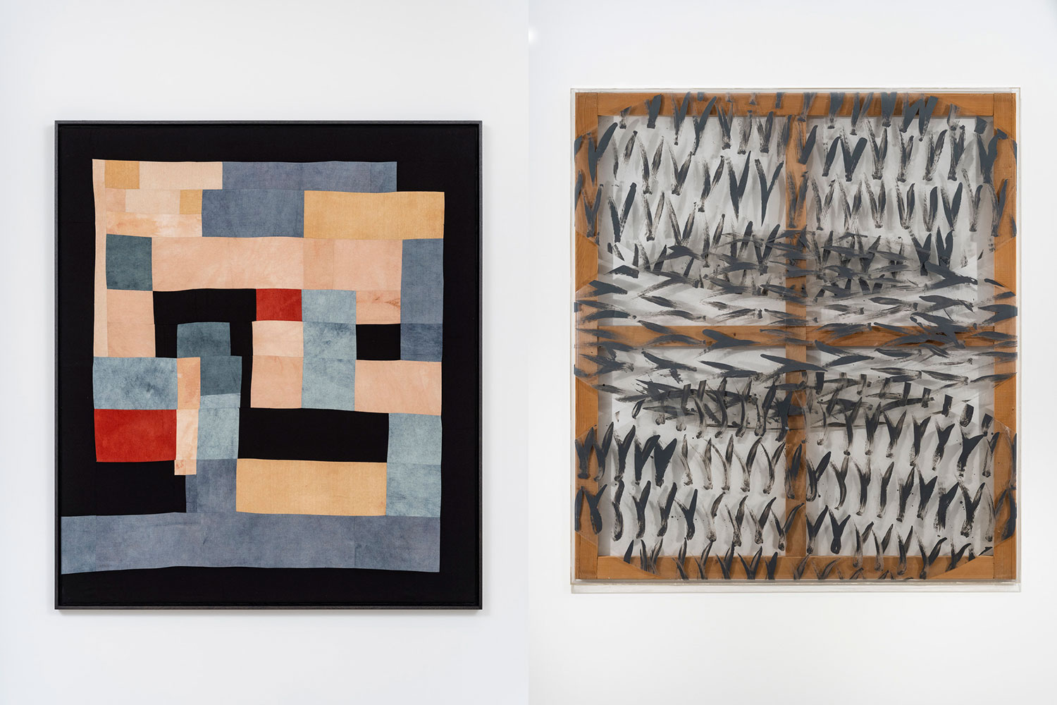 Left: Yto Barrada, Untitled (indigo grey), 2021, Silk, dyes from natural extracts, 55-1/2" × 49-1/2" (141 cm × 125.7 cm), Courtesy Pace Gallery Right: Carla Accardi, Segni Grigi, 1986, varnish on sicofoil, 130 cm × 118 cm (51-3/16" × 46-7/16"), Courtesy Pace Gallery
