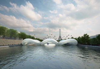 AZC Architectes, Bouncing Bridge, 2012, Temporary inflatable structure, proposed during the International Competition «Contemporary Bridge in Paris», organized by ArchTriumph, London. Computer graphics, © AZC Architectes