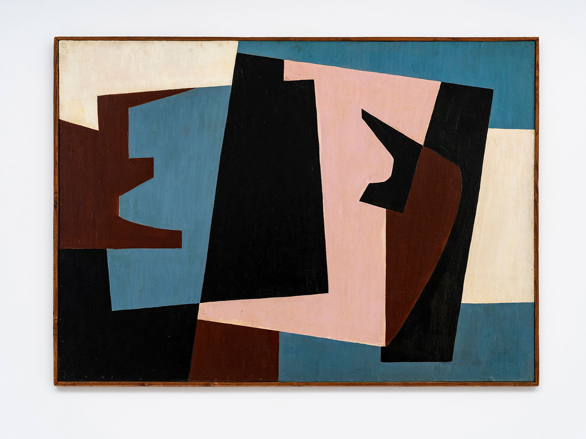 Saloua Raouda Choucair, Plus ou Moins, 1951, oil on board, 67 cm × 93 cm (26-3/8" × 36-5/8"), Courtesy Pace Gallery