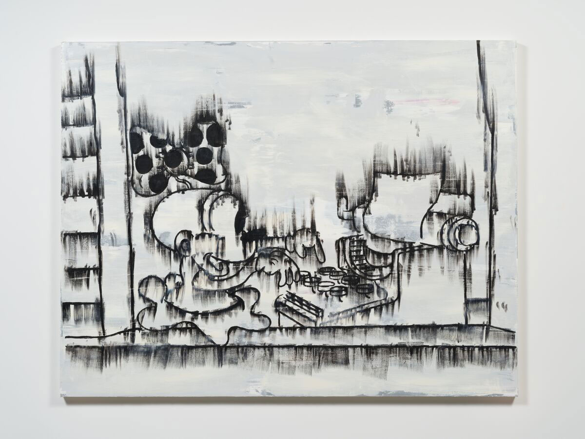 Gary Simmons, Honey Typer, 2021, Oil and cold wax on canvas, 213.4 x 274.3 cm / 84 x 108 in, © Gary Simmons, Courtesy the artist and Hauser & Wirth, Photo: Jeff McLane