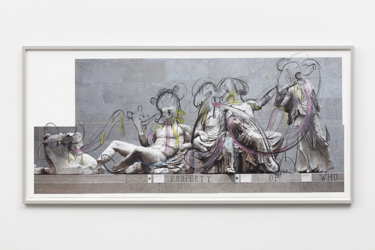 Simon Fujiwara, Property of Who? (Parthenon Frieze I), 2021 (details), Inkjet prints, pastel and charcoal, 90 x 198 cm (unframed), 90 x 130 cm (unframed), 98 x 206 x 4,7 cm (framed), 98 x 138 x 4,7 cm (framed), Photo © Andrea Rossetti, © Simon Fujiwara, Courtesy the artist and Esther Schipper Gallery