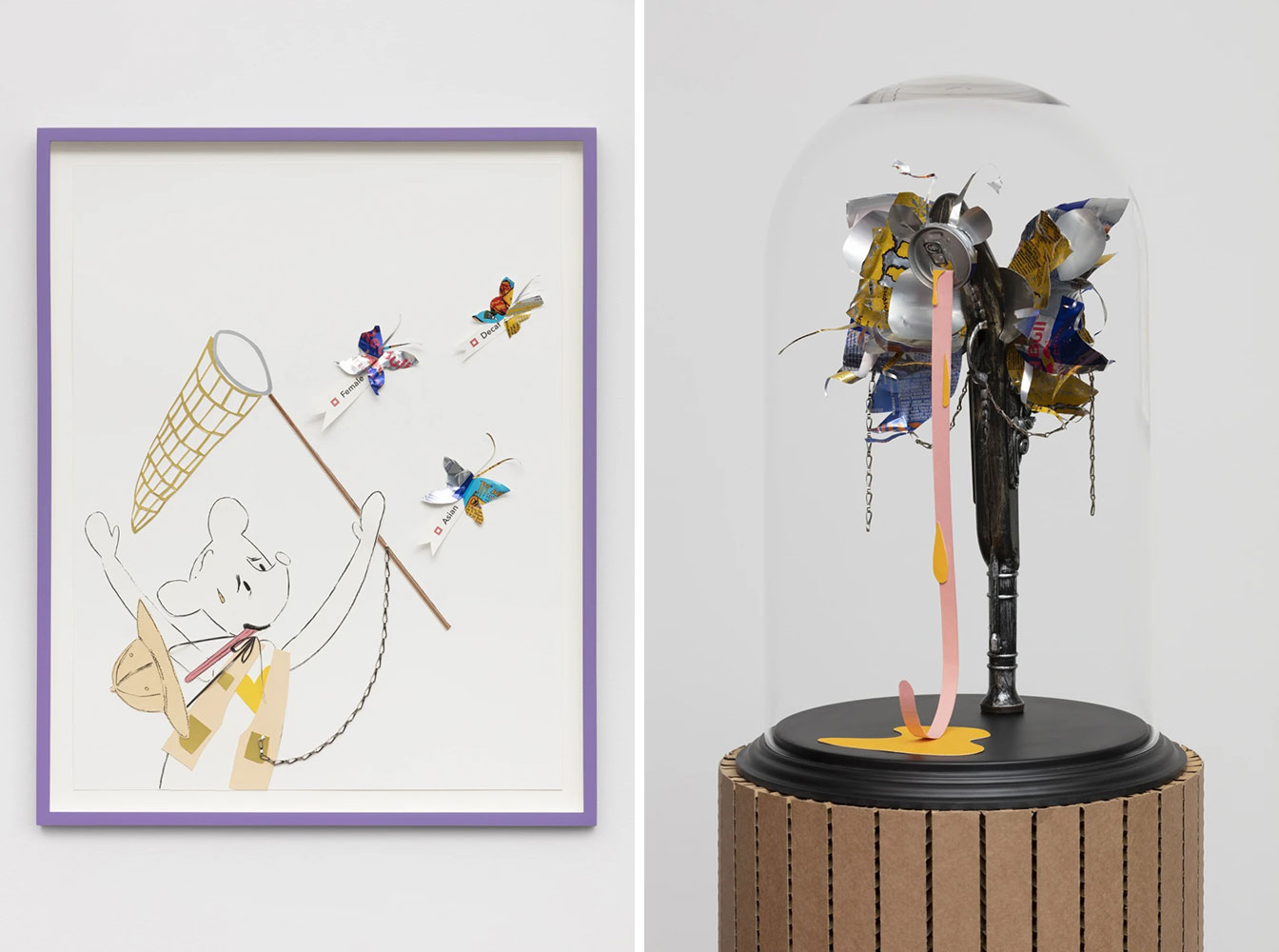 Left: Simon Fujiwara, Who‘s Transformation? (Butterfly Catcher I), 2021 (details), Inkjet print, colored paper, charcoal, aluminum cans, 60 x 47 cm each (2 parts) (unframed), 66,6 x 53,6 cm each (2 parts) (framed), Photo © Andrea Rossetti, © Simon Fujiwara, Courtesy the artist and Esther Schipper Gallery Right: Simon Fujiwara, Who‘s Transformation (Pistol Butterfly), 2021 (detail), Custom made glass vitrine with plinth, modified ready-made, aluminum cans, colored paper, metal chain, 52 x 35 x 35 cm (sculpture), 100 x 36,7 x 36,7 cm (plinth), Photo © Andrea Rossetti, © Simon Fujiwara, Courtesy the artist and Esther Schipper Gallery