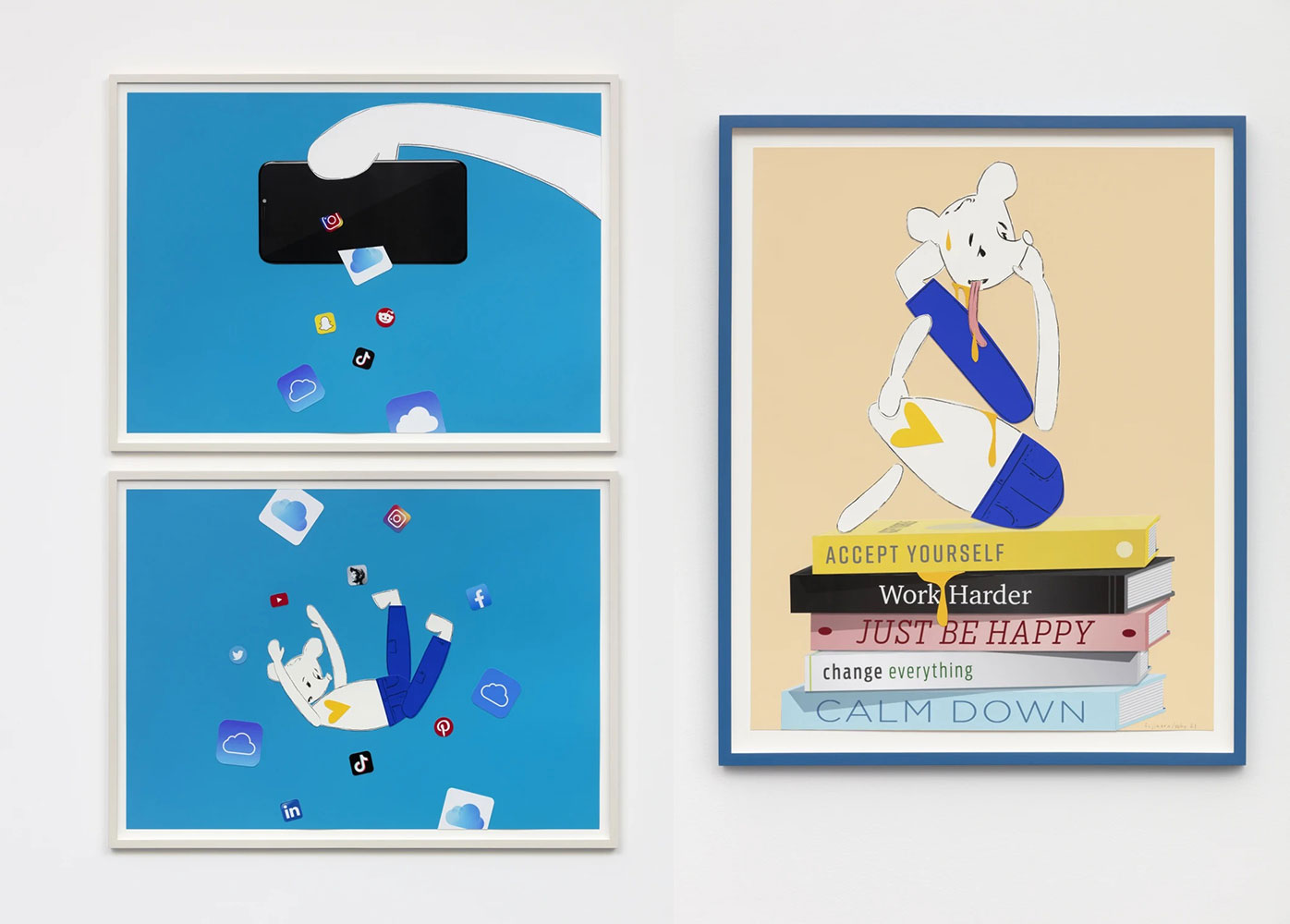 Left: Simon Fujiwara, Who‘s in the Clouds?, 2021, Collage of inkjet prints and colored paper, 68 x 95,5 cm each (2 parts) (unframed), 75 x 102,5 x 3,5 cm each (2 parts) (framed), Photo © Andrea Rossetti, © Simon Fujiwara, Courtesy the artist and Esther Schipper Gallery Right: Simon Fujiwara, Self Help Who? (Book Stack), 2021, Colored paper collage, 60 x 47 cm (unframed), 66,6 x 53,6 cm (framed), Photo © Andrea Rossetti, © Simon Fujiwara, Courtesy the artist and Esther Schipper Gallery
