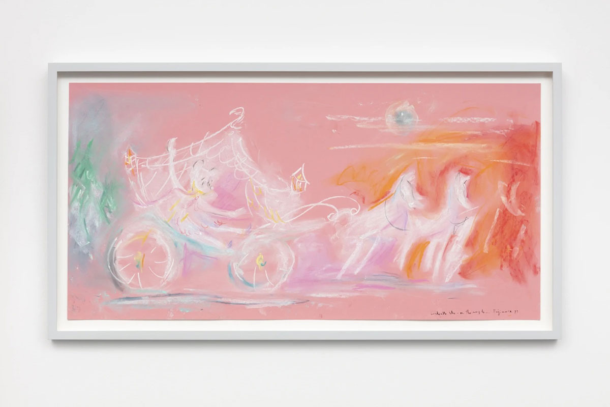 Simon Fujiwara Cinderella Who on Their Way To...?, 2022, Pastel on paper, 46,5 x 86,5 x 3,5 cm (framed), Photo © Andrea Rossetti, © Simon Fujiwara, Courtesy the artist and Esther Schipper Gallery