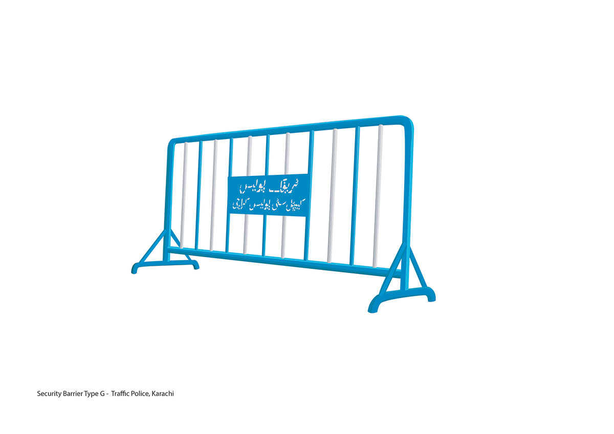 Bani Abidi, Security Barrier Type G - Traffic Police, Karachi, from the Series: Security Barriers A–Z, 2009–19, Digital prints, Series of 26 works, each 29,7 × 42 cm, mounted, Courtesy of the artist and Experimenter, Kolkata