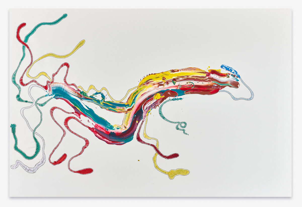 Nicholas Hlobo, Ndange Cilikishe, 2021, Acrylic, leather, and ribbons on linen and cotton canvas, 47.24 x 70.87 x 1.97 inches, 120 x 180 x 5 cm, © Nicholas Hlobo, Courtesy the artist and Lehmann Maupin Gallery