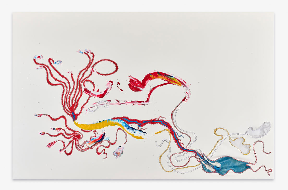Nicholas Hlobo, Amakhos'abomvu, 2021, Acrylic, leather, and ribbons on linen and cotton canvas, 62.99 x 98.43 x 1.97 inches, 160 x 250 x 5 cm, © Nicholas Hlobo, Courtesy the artist and Lehmann Maupin Gallery