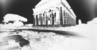 Vera Lutter, Temple of Nettuno, Paestum: October 24, 2015, unique, silver gelatin print, 14 x 25 1/4 inches (36 x 64 cm), © Vera Lutter, Courtesy the artist and Gagosian