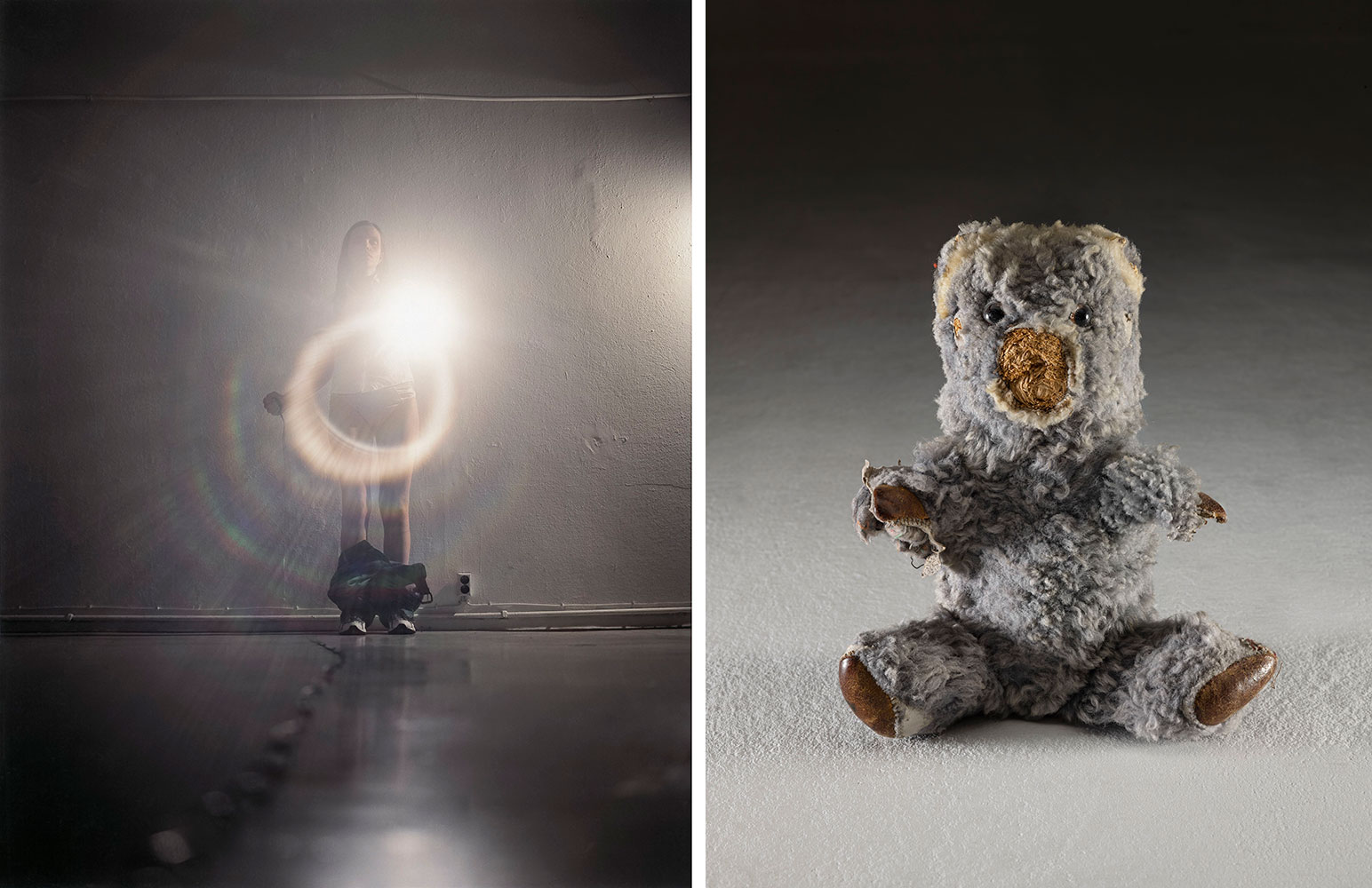 Left: Annika Elisabeth von Hausswolff, Självporträtt i ateljén med ficklampa och neddragna byxor, 2002, © Annika Elisabeth von Hausswolff Right: Annika Elisabeth von Hausswolff, The Body of Anthropocene, 2020, © Annika Elisabeth von Hausswolff