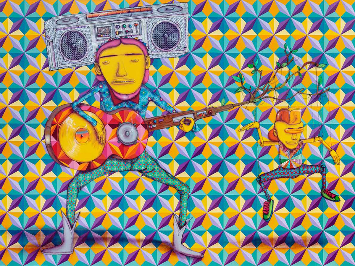 OSGEMEOS, A vida é uma música onde você dança do seu jeito / Life is a song in which you dance your own way, 2022, Mixed media on MDF board, 74.41 x 109.45 x 4.33 inches (framed), 189 x 278 x 11 cm, © OSGEMEOS, Courtesy the artists and Lehmann Maupin Gallery