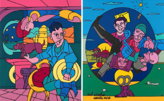 left: Valerio Adami, Cane e padrone, 2022, Acrylic on canvas, 162 × 130 cm, 63 6/8 × 51 1/8 in., © Valerio Adami, Courtesy the artist and Galerie Templon Right: Valerio Adami, Nel cerchio, nascita e morte, 2021, Acrylic on canvas, 162 × 130 cm, 63 6/8 × 51 1/8 in., © Valerio Adami, Courtesy the artist and Galerie Templon